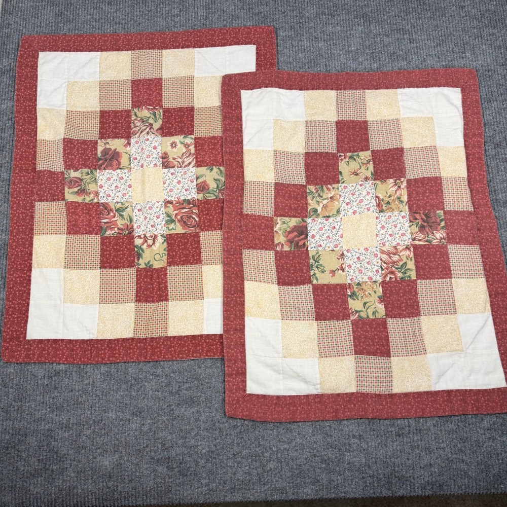 Vtg Quilted Sham SET of 2 Red Plaid Floral Shabby Chic Cottagecore Farmhouse